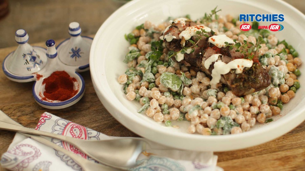 BBQ lamb rump marinated with herb and garlic with minted chickpea salad and yoghurt dressing