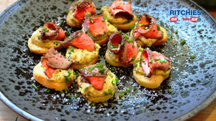 Rare Roast Beef and Dijonnaise Crostini
