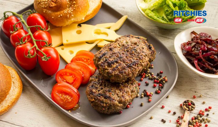 pepper steak burger with red onion relish